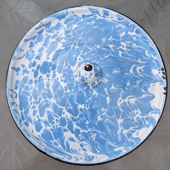Blue & White Swirl Enamelware Agateware Graniteware Lid with Round Knob - Picture 3 of 13